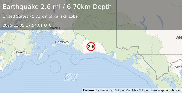 Earthquake 122 km S of McCarthy, Alaska (2.6 ml) (2025-11-05 17:54:01 UTC)