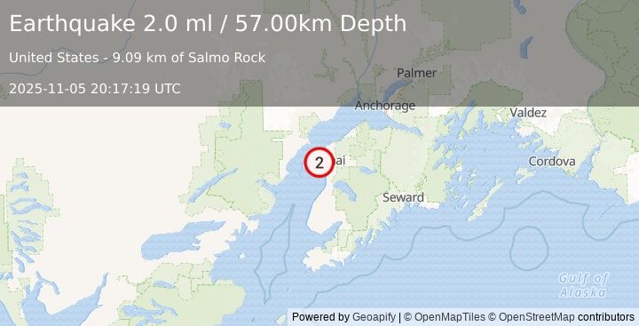 Earthquake 14 km WSW of Kenai, Alaska (2.0 ml) (2025-11-05 20:17:19 UTC)