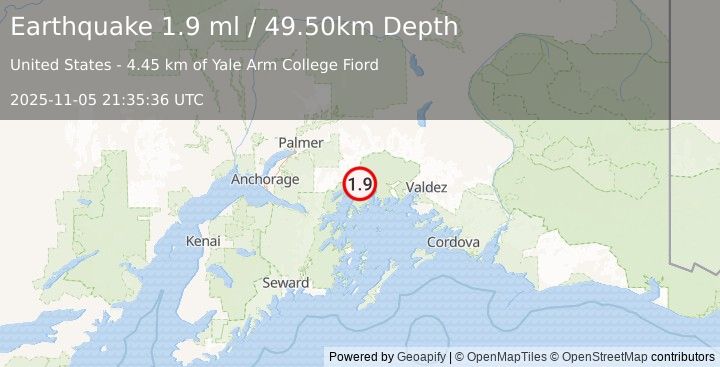 Earthquake 64 km NE of Whittier, Alaska (1.9 ml) (2025-11-05 21:35:36 UTC)