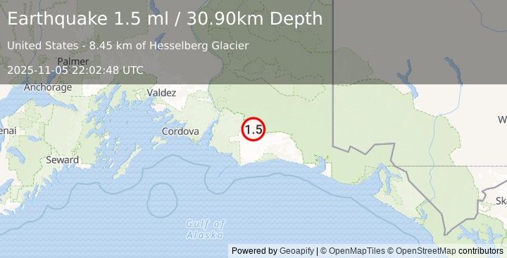 Earthquake 100 km SSW of McCarthy, Alaska (1.5 ml) (2025-11-05 22:02:48 UTC)
