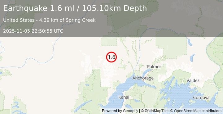Earthquake 20 km SSW of Skwentna, Alaska (1.6 ml) (2025-11-05 22:50:59 UTC)