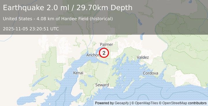 Earthquake 14 km ESE of Eagle River, Alaska (2.0 ml) (2025-11-05 23:20:51 UTC)