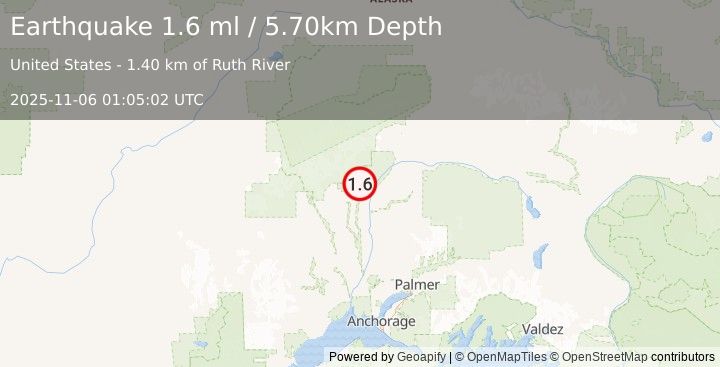 Earthquake 24 km NNW of Chase, Alaska (1.6 ml) (2025-11-06 01:05:02 UTC)