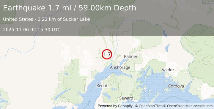 Earthquake 23 km NW of Susitna, Alaska (1.7 ml) (2025-11-06 02:15:30 UTC)