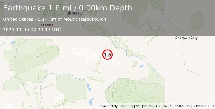 Earthquake 32 km WSW of Dry Creek, Alaska (1.6 ml) (2025-11-06 04:33:17 UTC)