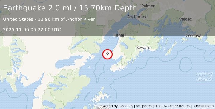 Earthquake 15 km WNW of Anchor Point, Alaska (2.0 ml) (2025-11-06 05:22:00 UTC)
