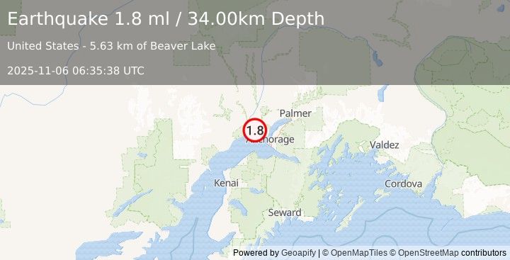 Earthquake 20 km W of Point MacKenzie, Alaska (1.8 ml) (2025-11-06 06:35:38 UTC)