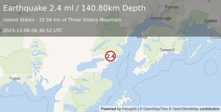 Earthquake 34 km ENE of Pedro Bay, Alaska (2.4 ml) (2025-11-06 06:36:52 UTC)
