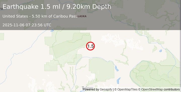 Earthquake 11 km SSE of Cantwell, Alaska (1.5 ml) (2025-11-06 07:23:56 UTC)