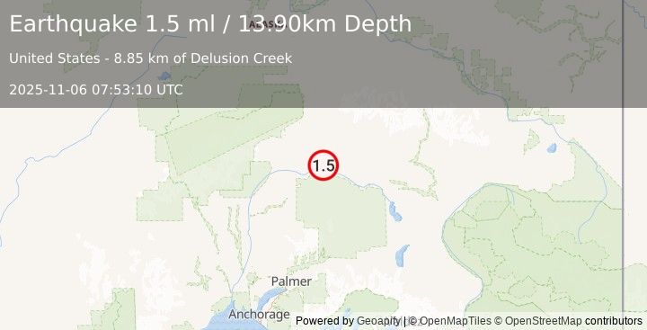 Earthquake 61 km SSE of Cantwell, Alaska (1.5 ml) (2025-11-06 07:53:10 UTC)