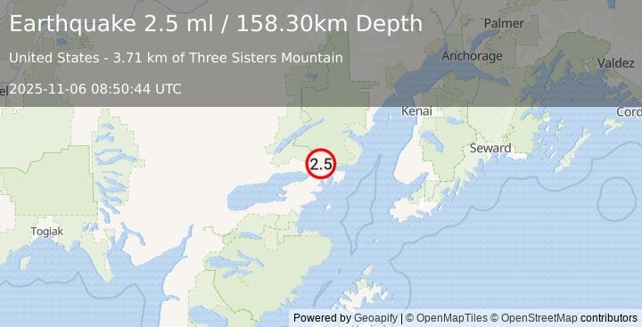 Earthquake 29 km ENE of Pedro Bay, Alaska (2.5 ml) (2025-11-06 08:50:43 UTC)