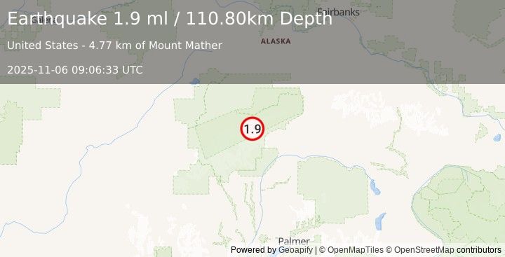 Earthquake 73 km ESE of Denali National Park, Alaska (2.0 ml) (2025-11-06 09:06:32 UTC)