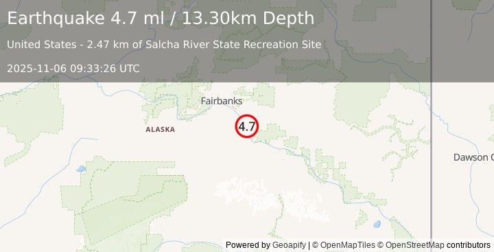 Earthquake 3 km S of Salcha, Alaska (4.7 ml) (2025-11-06 09:33:26 UTC)