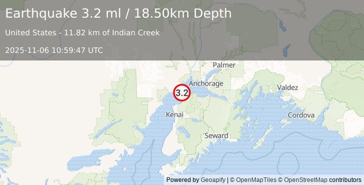 Earthquake 11 km ESE of Tyonek, Alaska (3.2 ml) (2025-11-06 10:59:47 UTC)