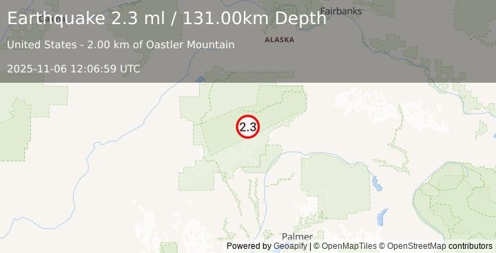 Earthquake 63 km SE of Denali National Park, Alaska (2.2 ml) (2025-11-06 12:07:00 UTC)