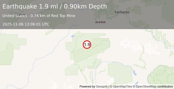 Earthquake 40 km E of Denali National Park, Alaska (1.9 ml) (2025-11-06 13:06:01 UTC)