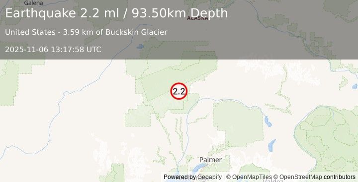 Earthquake 58 km NNE of Petersville, Alaska (2.2 ml) (2025-11-06 13:17:58 UTC)
