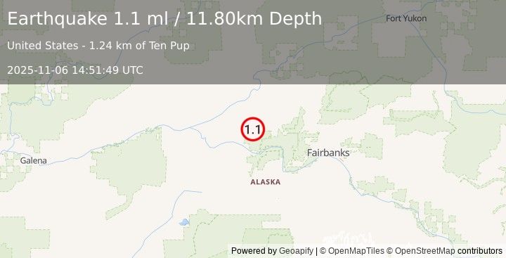Earthquake 31 km ENE of Manley Hot Springs, Alaska (1.1 ml) (2025-11-06 14:51:49 UTC)