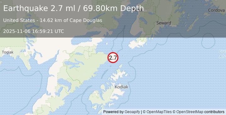 Earthquake 82 km SW of Nanwalek, Alaska (2.7 ml) (2025-11-06 16:59:21 UTC)