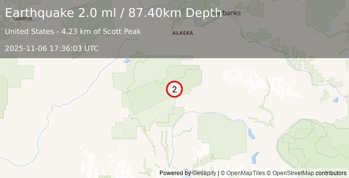 Earthquake 55 km W of Cantwell, Alaska (2.0 ml) (2025-11-06 17:36:03 UTC)