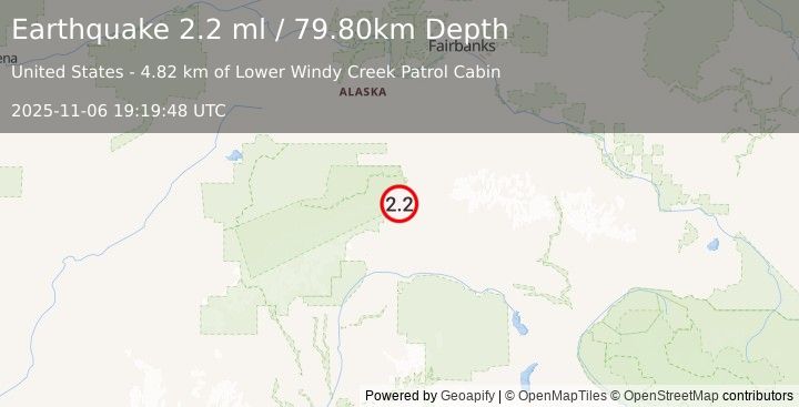 Earthquake 9 km N of Cantwell, Alaska (2.2 ml) (2025-11-06 19:19:49 UTC)