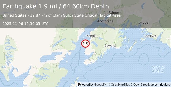 Earthquake 16 km N of Ninilchik, Alaska (1.9 ml) (2025-11-06 19:30:05 UTC)