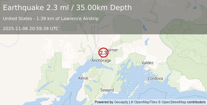 Earthquake 5 km N of Knik, Alaska (2.4 ml) (2025-11-06 20:59:38 UTC)