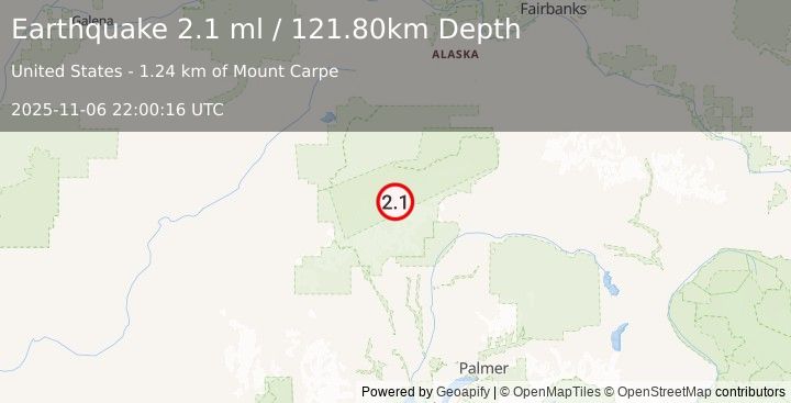 Earthquake 61 km SE of Denali National Park, Alaska (2.1 ml) (2025-11-06 22:00:16 UTC)