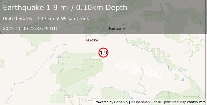 Earthquake 16 km E of Ferry, Alaska (1.9 ml) (2025-11-06 22:33:29 UTC)