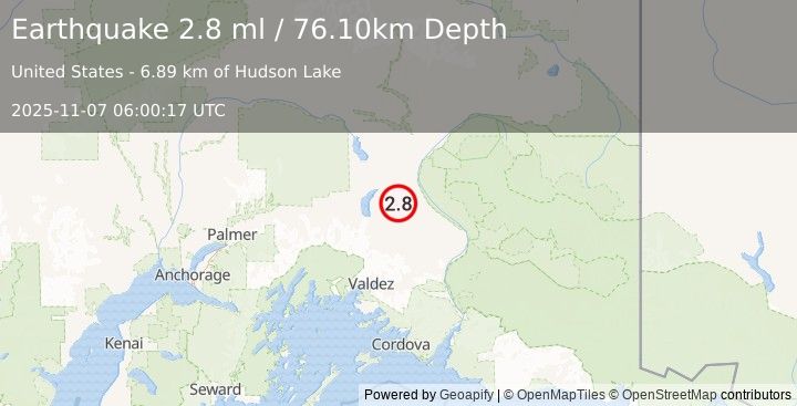 Earthquake 25 km SSE of Tolsona, Alaska (2.8 ml) (2025-11-07 06:00:17 UTC)
