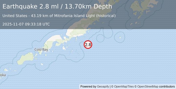 Earthquake 64 km SE of Perryville, Alaska (2.8 ml) (2025-11-07 09:33:18 UTC)