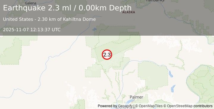Earthquake 58 km SSE of Denali National Park, Alaska (2.3 ml) (2025-11-07 12:13:37 UTC)