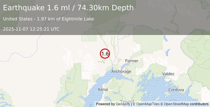 Earthquake 20 km SE of Skwentna, Alaska (1.6 ml) (2025-11-07 12:25:21 UTC)