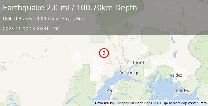 Earthquake 23 km WSW of Skwentna, Alaska (2.0 ml) (2025-11-07 13:23:31 UTC)