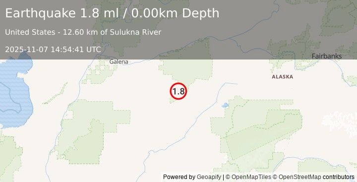 Earthquake 89 km SE of Ruby, Alaska (1.8 ml) (2025-11-07 14:54:40 UTC)