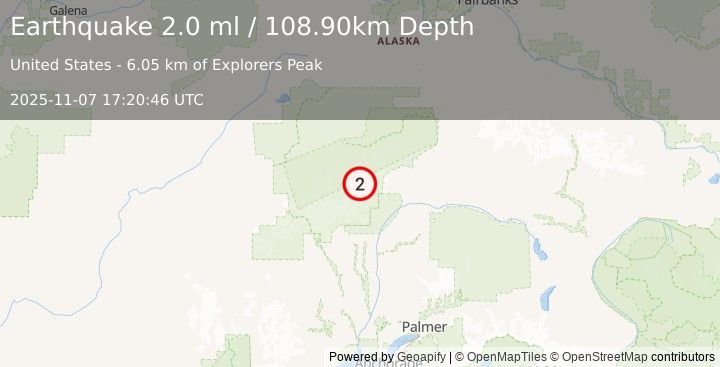 Earthquake 63 km NNE of Petersville, Alaska (2.0 ml) (2025-11-07 17:20:46 UTC)