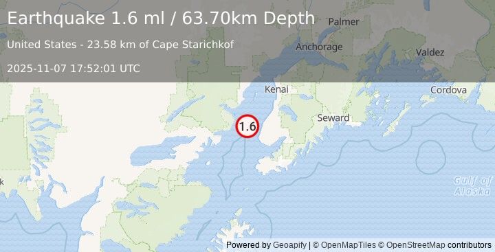 Earthquake 25 km W of Happy Valley, Alaska (1.6 ml) (2025-11-07 17:52:01 UTC)