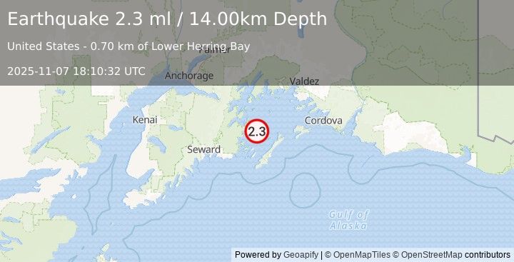 Earthquake 36 km NNE of Chenega, Alaska (2.3 ml) (2025-11-07 18:10:32 UTC)