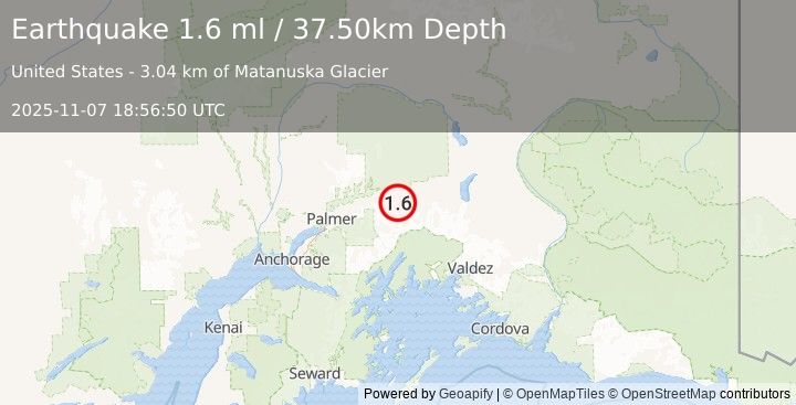 Earthquake 9 km SW of Glacier View, Alaska (1.6 ml) (2025-11-07 18:56:50 UTC)