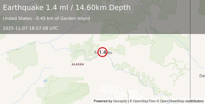 Earthquake 1 km ESE of College, Alaska (1.4 ml) (2025-11-07 18:57:08 UTC)