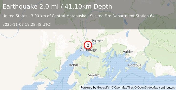 Earthquake 6 km NNE of Point MacKenzie, Alaska (2.0 ml) (2025-11-07 19:28:48 UTC)