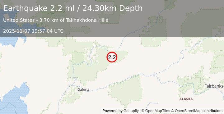 Earthquake 49 km SW of Hughes, Alaska (2.2 ml) (2025-11-07 19:57:04 UTC)