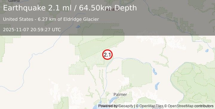 Earthquake 58 km N of Chase, Alaska (2.1 ml) (2025-11-07 20:59:27 UTC)