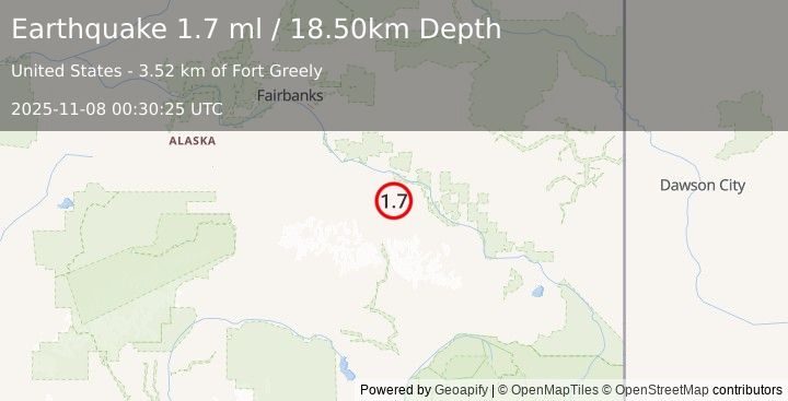 Earthquake 3 km SW of Fort Greely, Alaska (1.7 ml) (2025-11-08 00:30:25 UTC)
