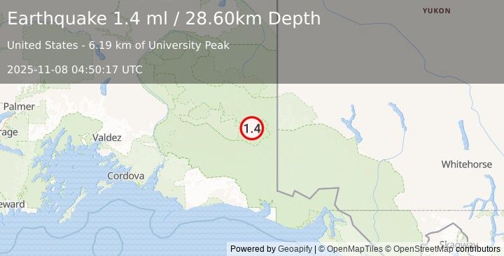Earthquake 62 km ESE of McCarthy, Alaska (1.4 ml) (2025-11-08 04:50:17 UTC)