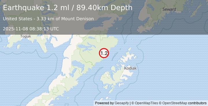 Earthquake 92 km N of Karluk, Alaska (1.2 ml) (2025-11-08 08:38:13 UTC)