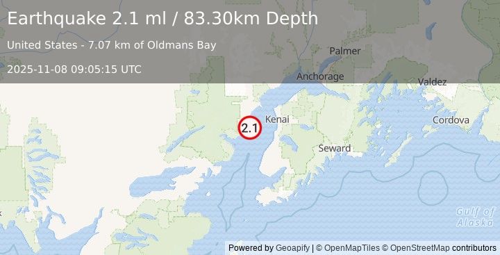 Earthquake 45 km W of Cohoe, Alaska (2.1 ml) (2025-11-08 09:05:15 UTC)