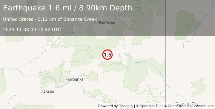 Earthquake 22 km W of Central, Alaska (1.6 ml) (2025-11-08 09:10:42 UTC)