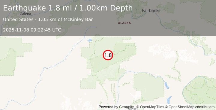 Earthquake 44 km ESE of Denali National Park, Alaska (1.8 ml) (2025-11-08 09:22:45 UTC)