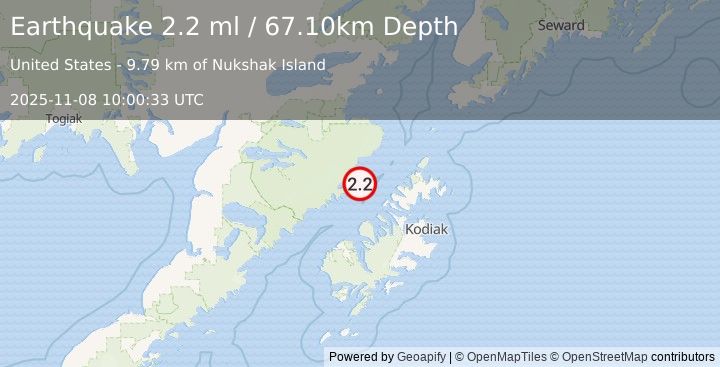 Earthquake 63 km WNW of Aleneva, Alaska (2.2 ml) (2025-11-08 10:00:33 UTC)
